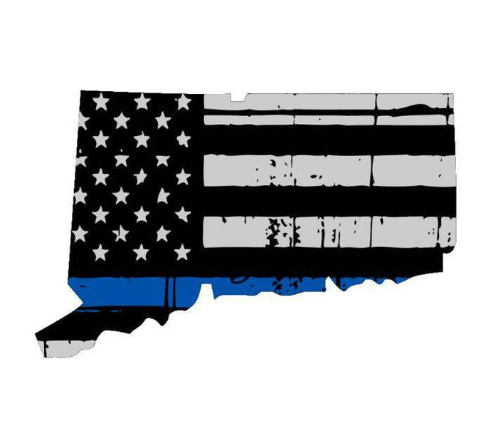 Thin Blue line decal - State of Connecticut Thin Blue Line Grey tattered Flag Decal - Various Sizes - BuckUp Tactical