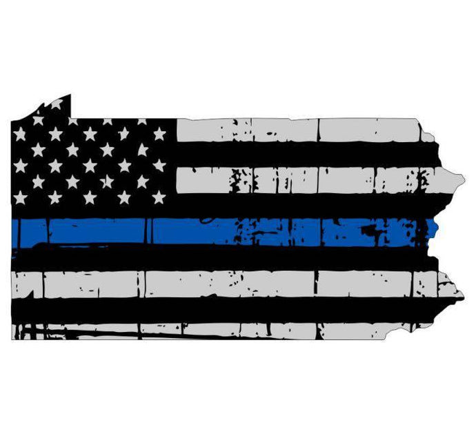 Thin Blue line decal - State of Pennsylvania Thin Blue Line Grey Tattered Flag - Various Sizes - BuckUp Tactical